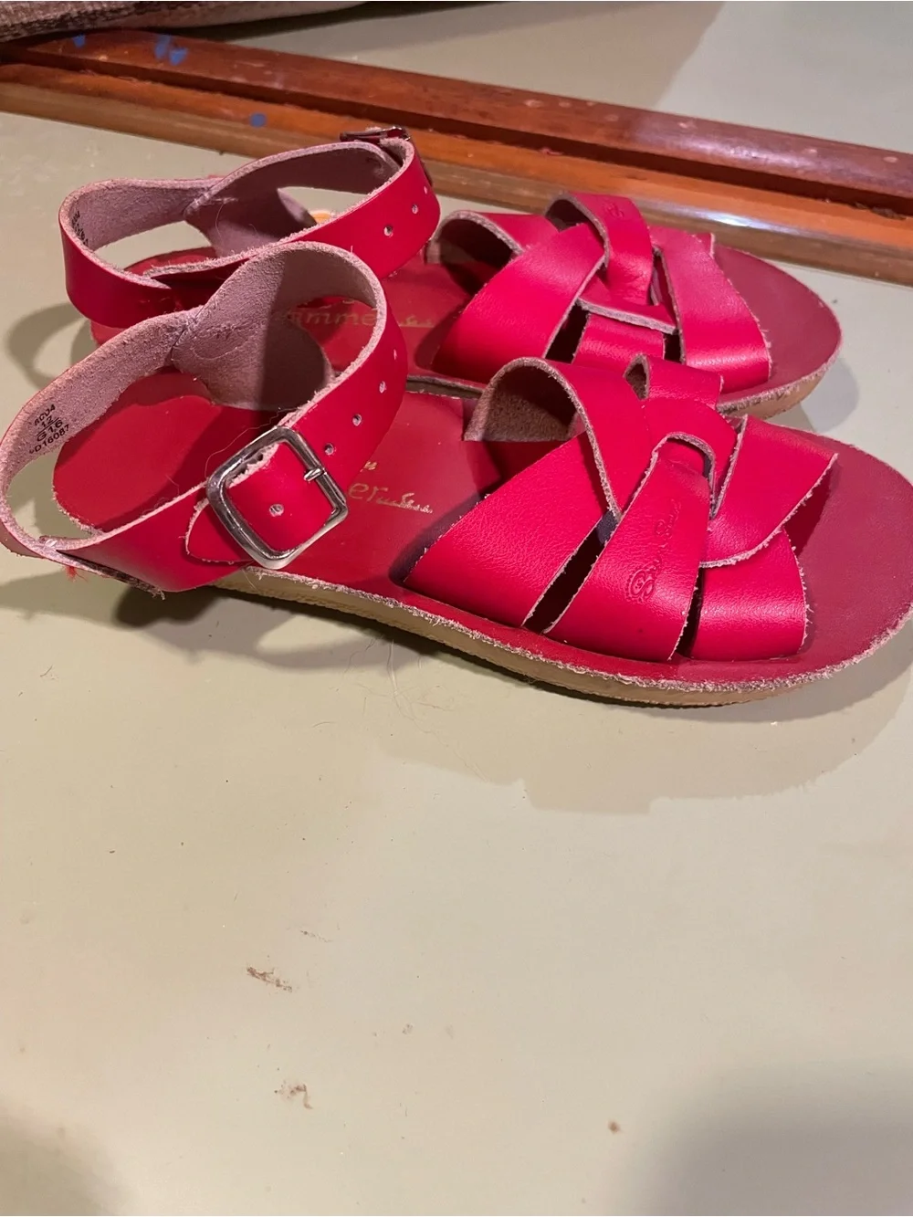 Sun - San Girls' Bright Red Leather Knot-Strap Sandals with Ankle Buckle